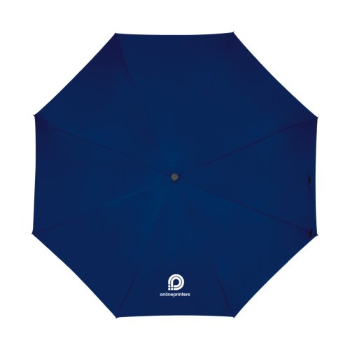 Ombrello blu con meccanismo di apertura manuale.
