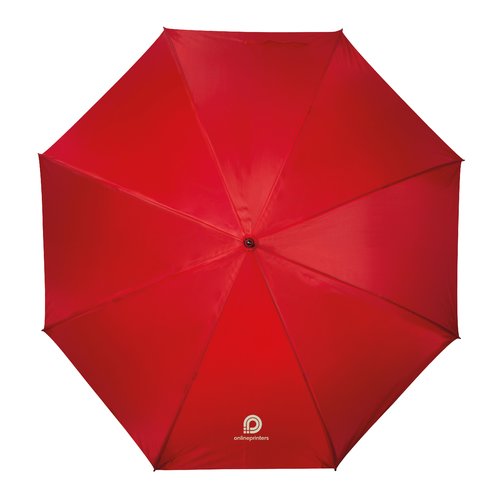 Ombrello rosso con meccanismo di apertura manuale.