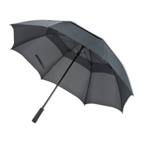Ombrello da golf grigio scuro con sfiato antivento e manico curvo.