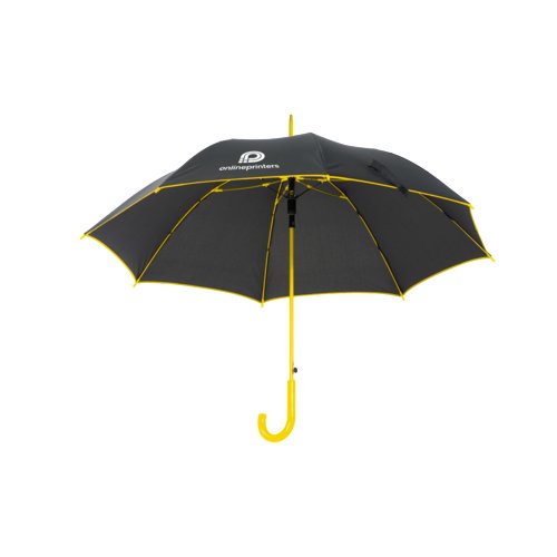 Ombrello automatico nero con manico giallo e dettagli gialli.
