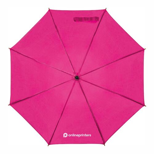 Ombrello automatico rosa con manico in legno e custodia protettiva coordinata.