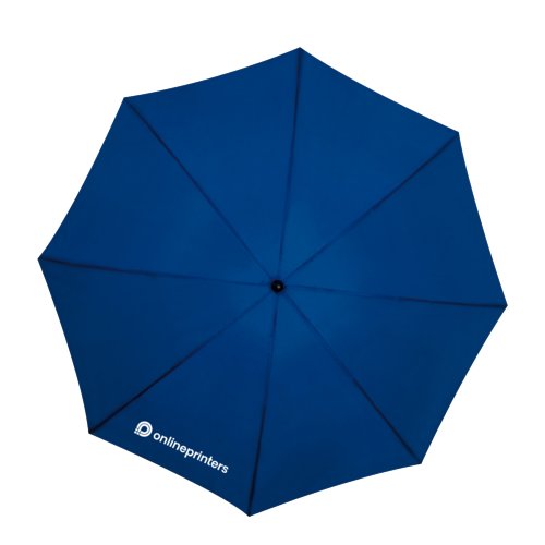 Ombrello antipioggia blu scuro con struttura robusta.