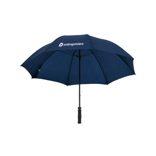 Ombrello blu con manico robusto e protezione dal vento.