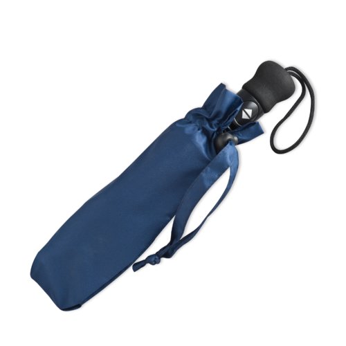 Ombrello pieghevole automatico blu scuro con custodia abbinata.