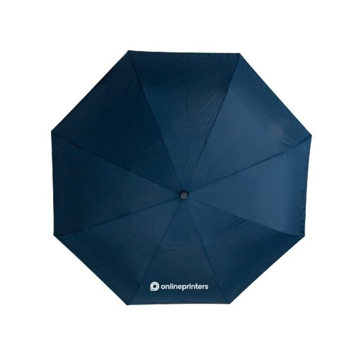 Ombrello pieghevole automatico blu scuro con custodia e manico.