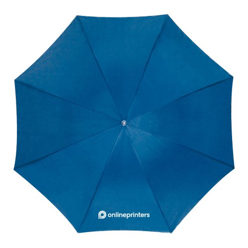Ombrello automatico blu con copertura e manico.