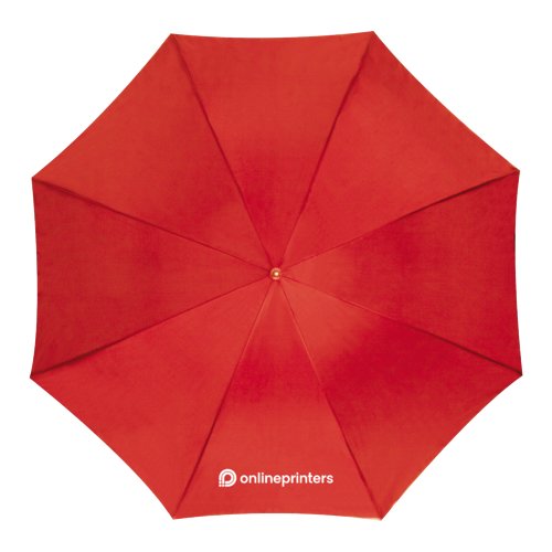 Ombrello automatico rosso con struttura robusta.