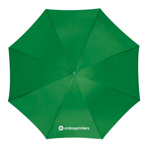 Ombrello pieghevole automatico verde con copertura e manico.