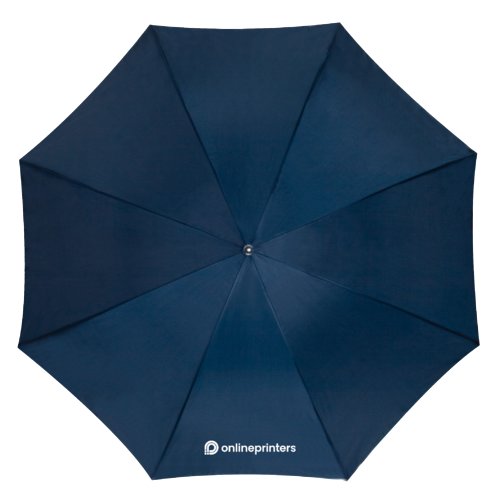 Ombrello automatico blu scuro con copertura e manico.