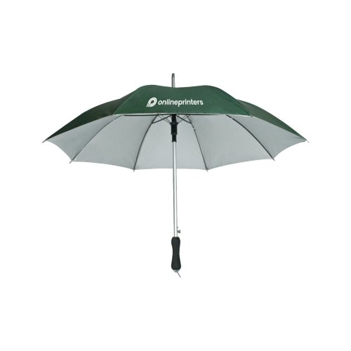 Ombrello automatico verde con ampio diametro e manico robusto.