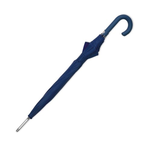 Ombrello automatico blu scuro con manico curvo.