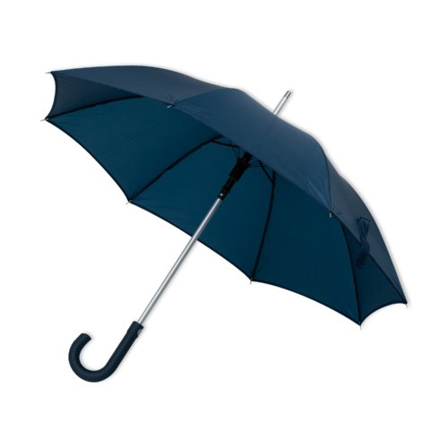Ombrello automatico blu scuro con manico curvo.