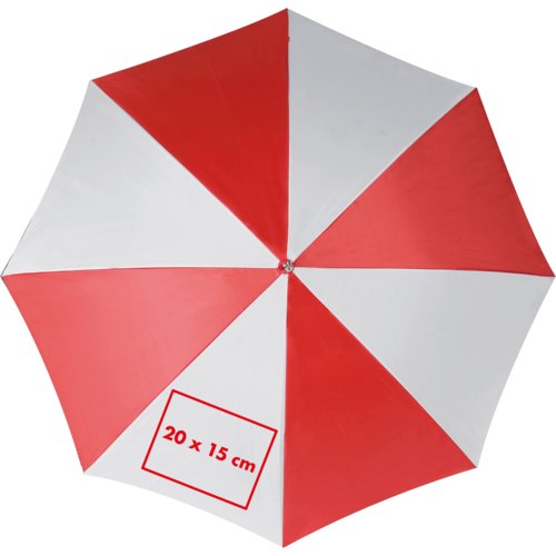 Ombrello dritto automatico rosso e bianco con ampia copertura.
