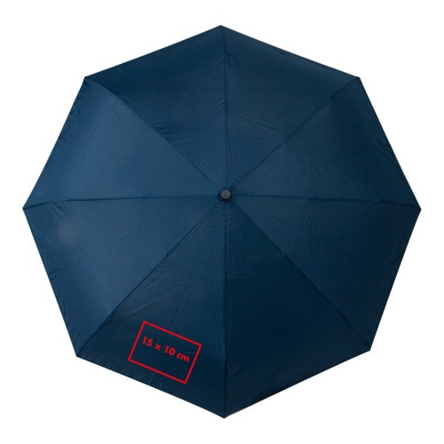 Ombrello pieghevole automatico blu con custodia e cinturino.