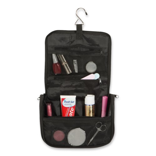 Beauty case nero con gancio per appenderlo e diversi scomparti.