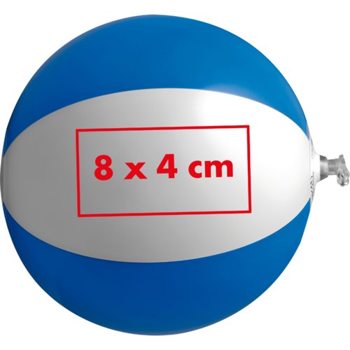 Palla da spiaggia in plastica blu e bianca con valvola gonfiabile.