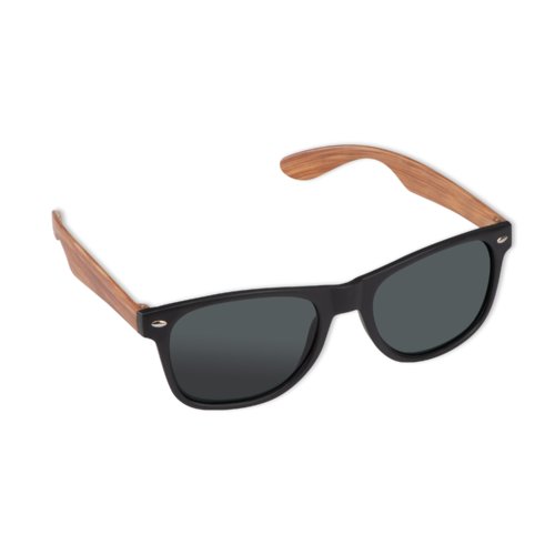 Occhiali da sole beige con lenti e montatura scura.