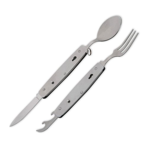 Posate da campeggio nere in metallo con coltello, forchetta, cucchiaio e apribottiglie.