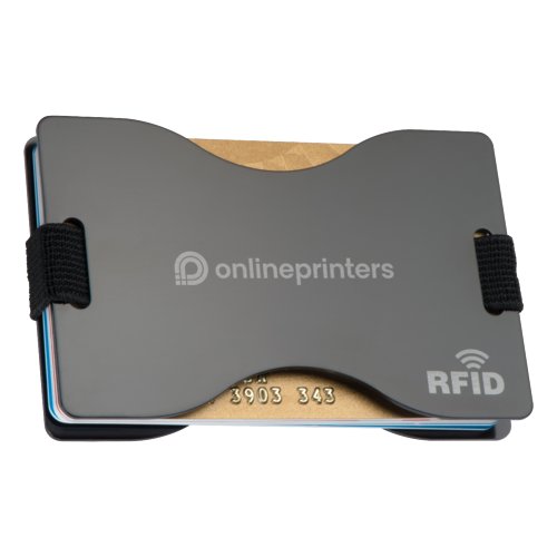 Portacarte in metallo grigio con protezione RFID e fascia elastica.