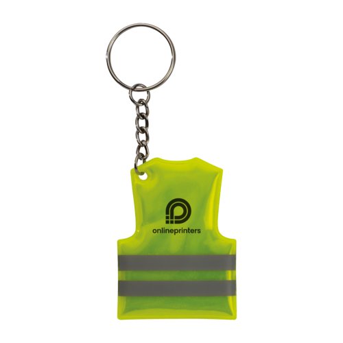 Portachiavi in plastica gialla a forma di gilet di sicurezza con anello in metallo.
