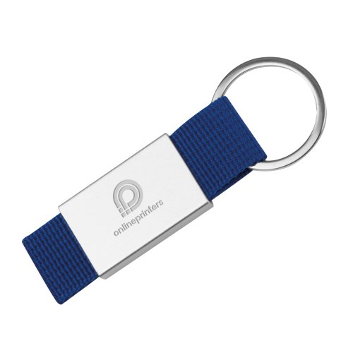 Portachiavi in tessuto blu con anello in metallo.
