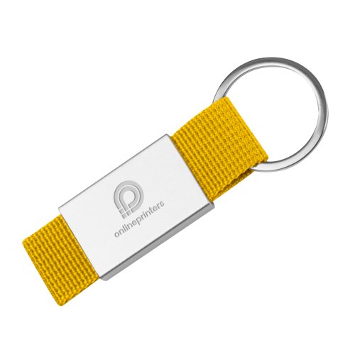 Portachiavi in tessuto giallo con anello in metallo.
