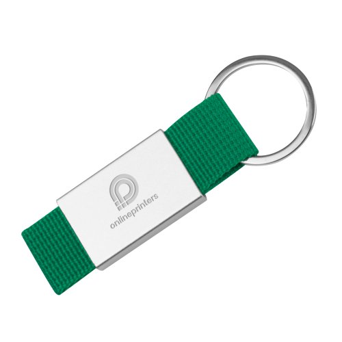 Portachiavi in tessuto verde con anello in metallo.
