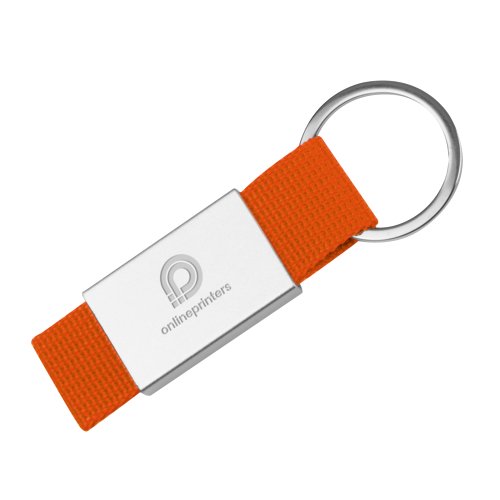 Portachiavi in tessuto arancione con anello in metallo.