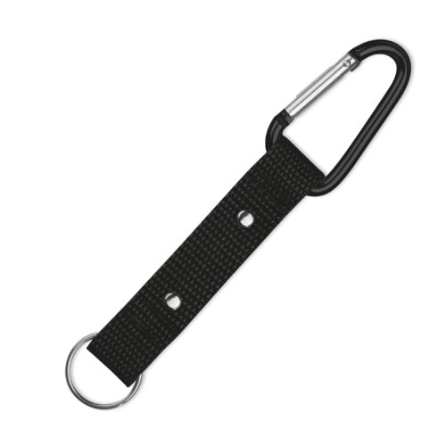 Portachiavi nero in tessuto con moschettone e anello in metallo.