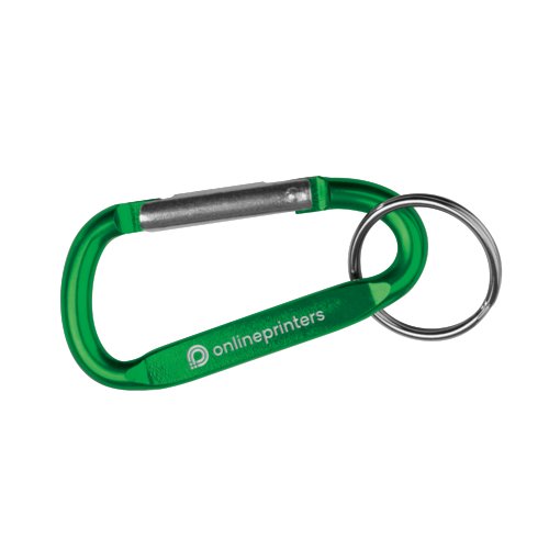 Portachiavi a moschettone in metallo verde con anello.