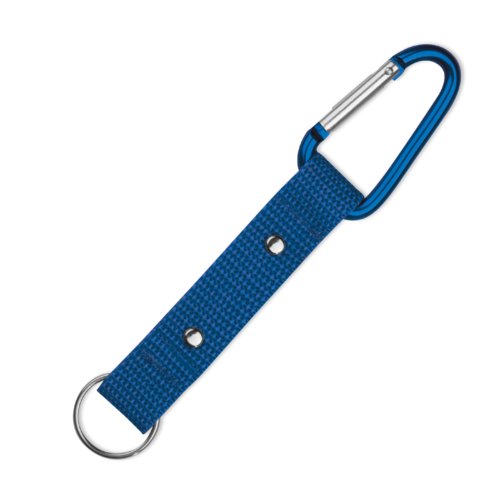 Portachiavi blu in tessuto con moschettone e anello metallico.