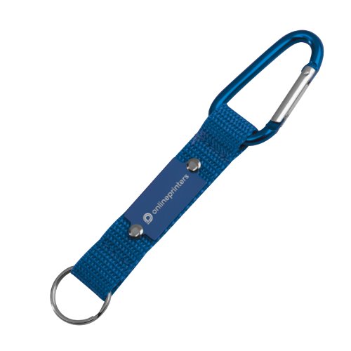 Portachiavi in tessuto blu con moschettone e anello portachiavi.