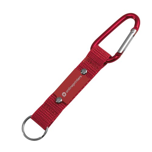 Portachiavi rosso in tessuto con moschettone e anello metallico.