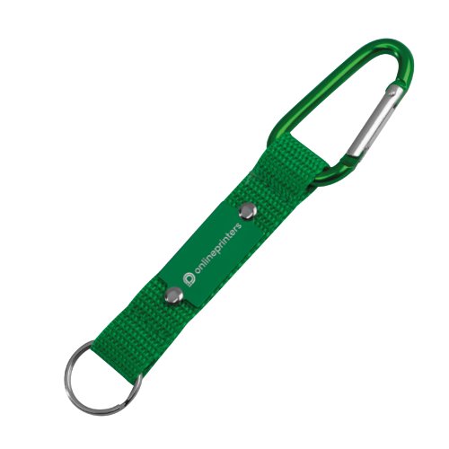 Portachiavi verde in tessuto con moschettone e anello.