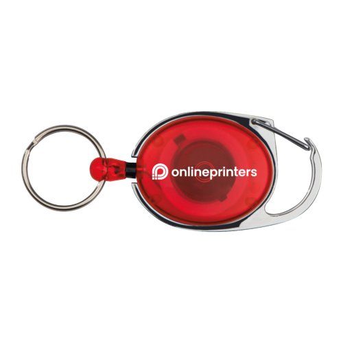Moschettone rosso con anello e clip di fissaggio.