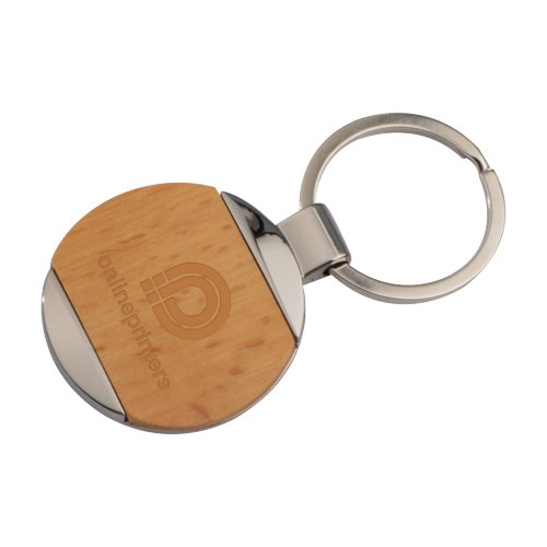 Portachiavi in legno e metallo con anello in metallo.