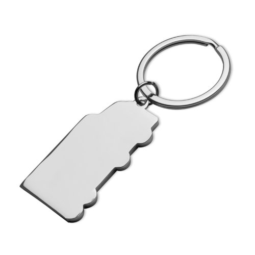 Portachiavi in metallo grigio con motivo e anello.