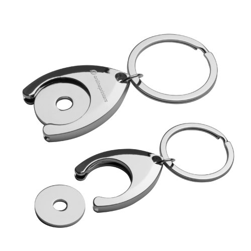 Portachiavi in metallo con gettone per carrello e anello metallico.