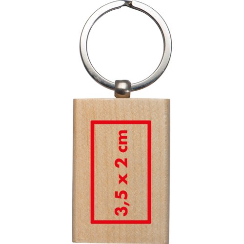Portachiavi in legno di forma rettangolare con anello in metallo.