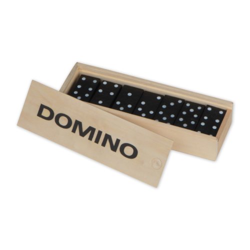 Gioco del domino in legno in scatola di legno con coperchio scorrevole.