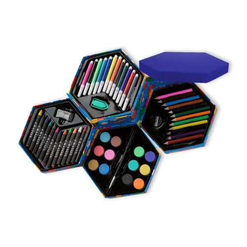 Set da disegno con matite, colori e accessori in una scatola.