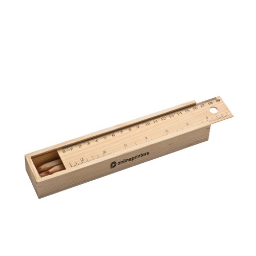 Set da disegno in legno marrone con righello e matite.