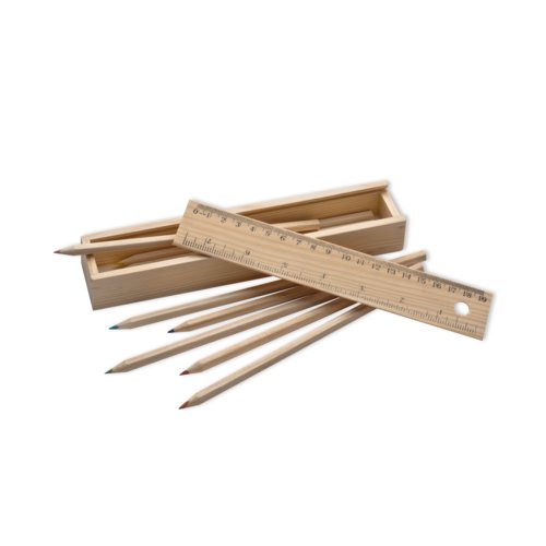 Set da disegno in legno con matite colorate, righello e scatola con coperchio scorrevole.
