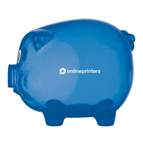 Salvadanaio a forma di maialino blu in plastica.