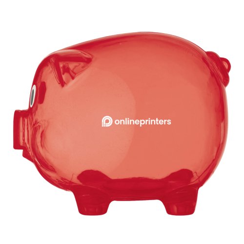 Salvadanaio a forma di maialino rosso in plastica con fessura per monete e chiusura.