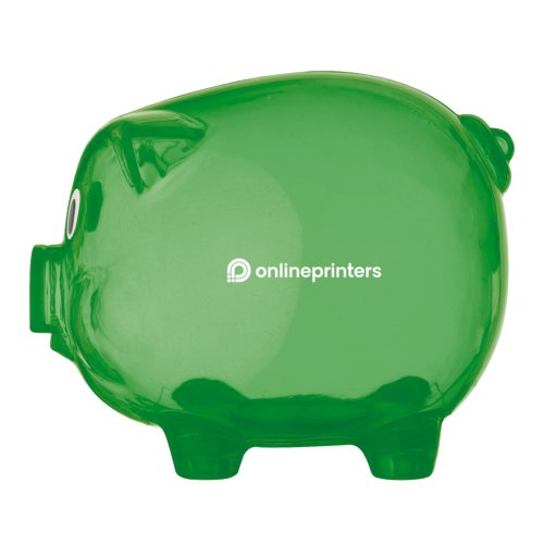Salvadanaio a forma di maialino verde in plastica con fessura.