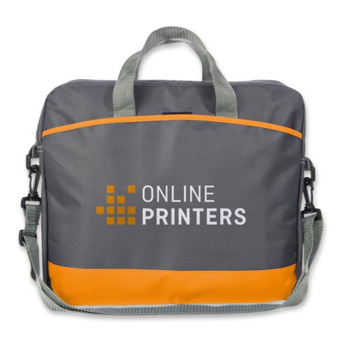 Borsa per laptop arancione con maniglie e tracolla.