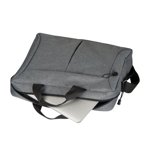 Borsa grigia per laptop con cerniera e maniglie.