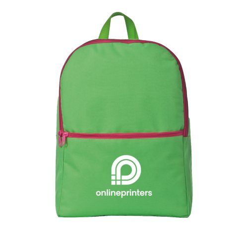 Zaino verde con cerniera e passante per il trasporto.