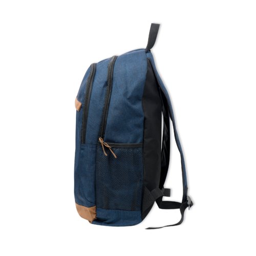 Zaino in tessuto blu scuro con scomparti multipli.